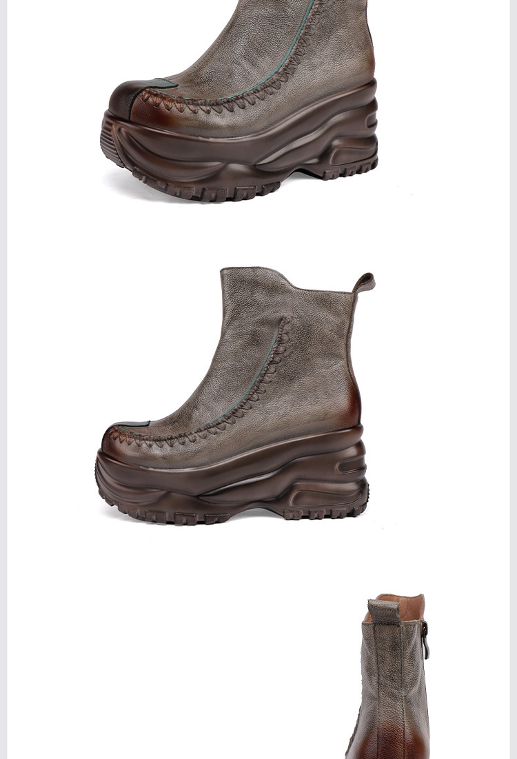 Boot nữ cổ thấp da bò thật đế dày tăng chiều cao, khóa kéo bên hông — màu xám