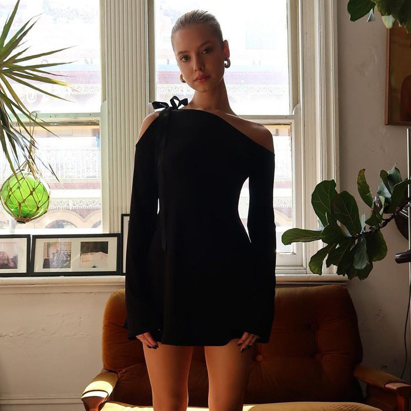 Off Shoulder Long Sleeve Bodycon Dress Slim Fit Solid Color Adjustable Straps Evening Wear Cocktail Party