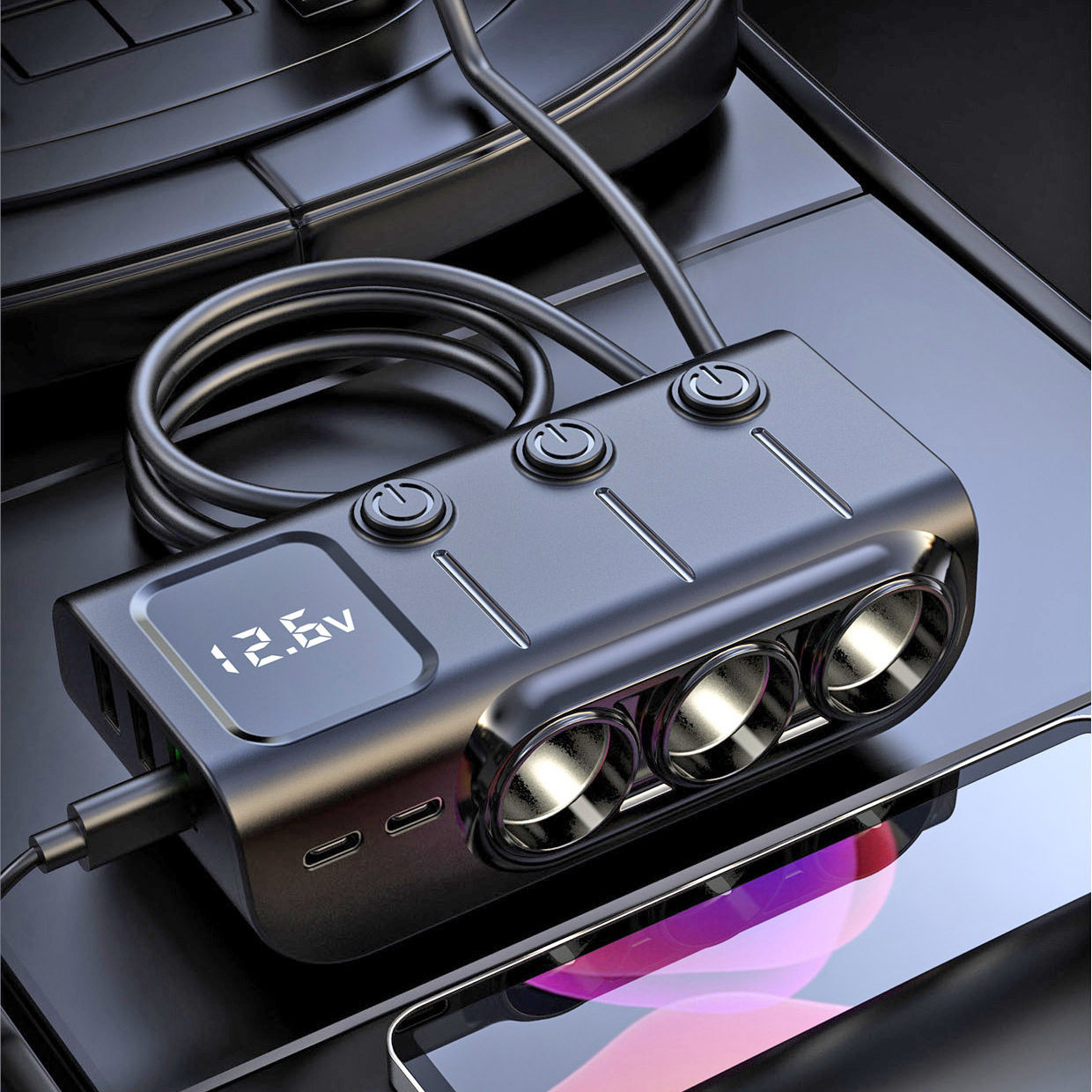 Gc01 Car Mobile Phone 120W Charger One to Three Cigarette Lighter USB Port Expansion Pd Fast Charge 36W Voltage Display