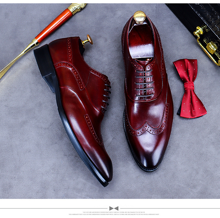 Giày da nam derby mũi tròn chạm khắc brogue cổ thấp buộc dây — Màu nâu, Màu đen, Màu đỏ rượu, Màu cà phê