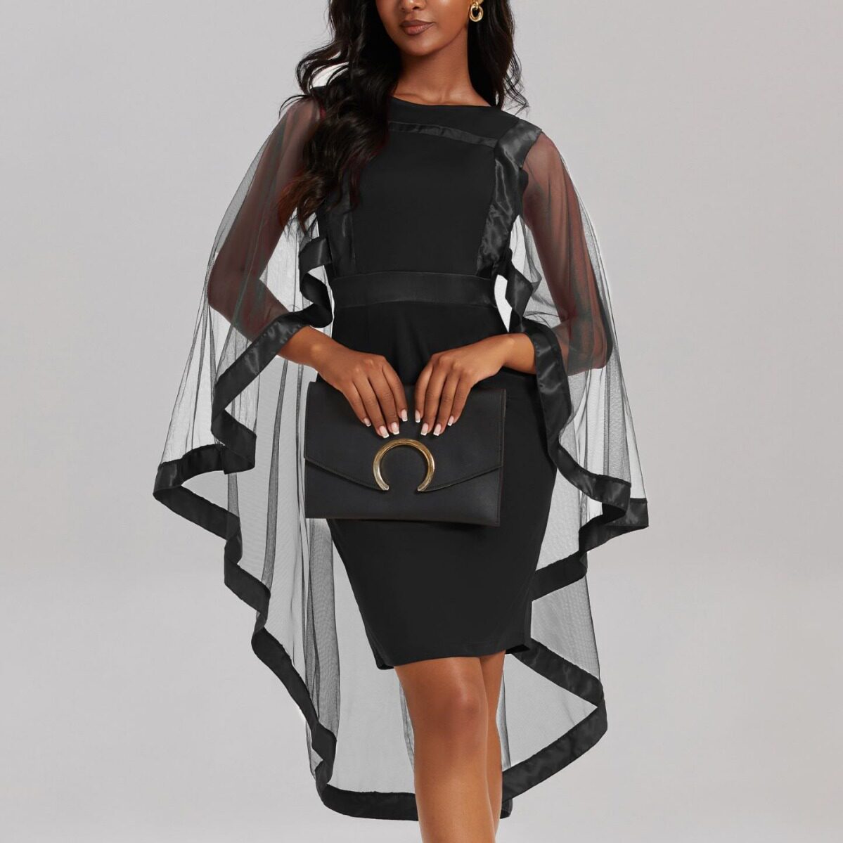 Sheer Mesh Dress Elegant Round Neck Plus Size Solid Color Fashionable Design Perfect for Parties and Special