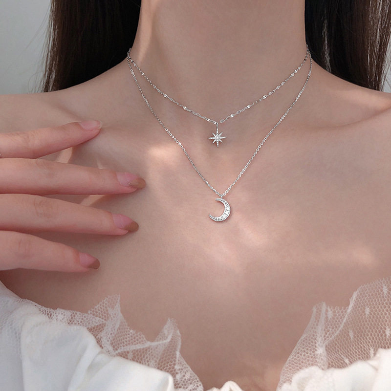 K-Style Ins Silver Sparkling Diamond Starburst Moon Double-Layer Necklace Niche Female Clavicle Chain Design Accessible Luxury New Style