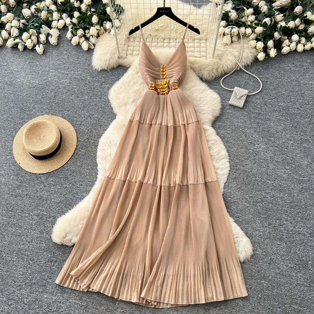 French Style Pleated Maxi Dress for Women Sleeveless Waist Defining Flowy Elegant Summer Vacation Wear Wholesale