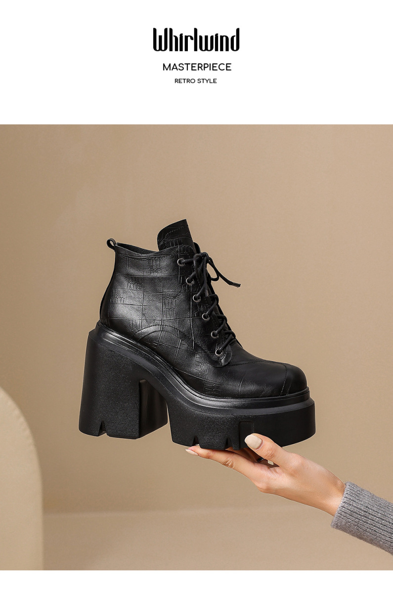 Boot Martin nữ da bò thật tăng chiều cao 12cm gót thô đế dày cổ ngắn — Lớp lót đơn màu đen, Lớp lót đơn màu nâu, Lót nhung đen, Lót nhung màu nâu