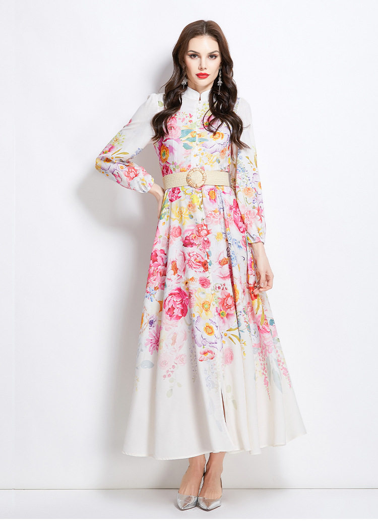 Vintage Floral Print Long Dress Stand Collar Lantern Sleeves Waist Defined Elegant Style Spring Fashion Wholesale
