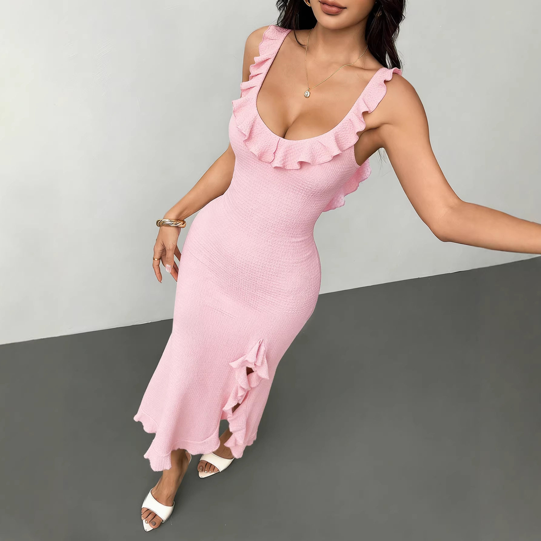 Pink Ruffled Backless Maxi Dress Slim Fit High Slit Summer Style Perfect for Parties and Events Wholesale Available