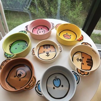 Korea New ins Cute Cartoon Pet Ceramic Bowl Universal Slow Food Bowl for Cats and Dogs Flat Bottom Binaural Rice Bowl Wholesale