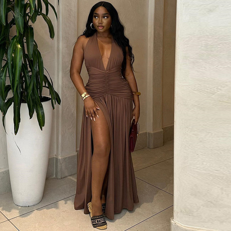 Sleeveless Deep V Neck Split Back Dress Solid Color High Slit Waist Defining Elegant Style Perfect for Parties and
