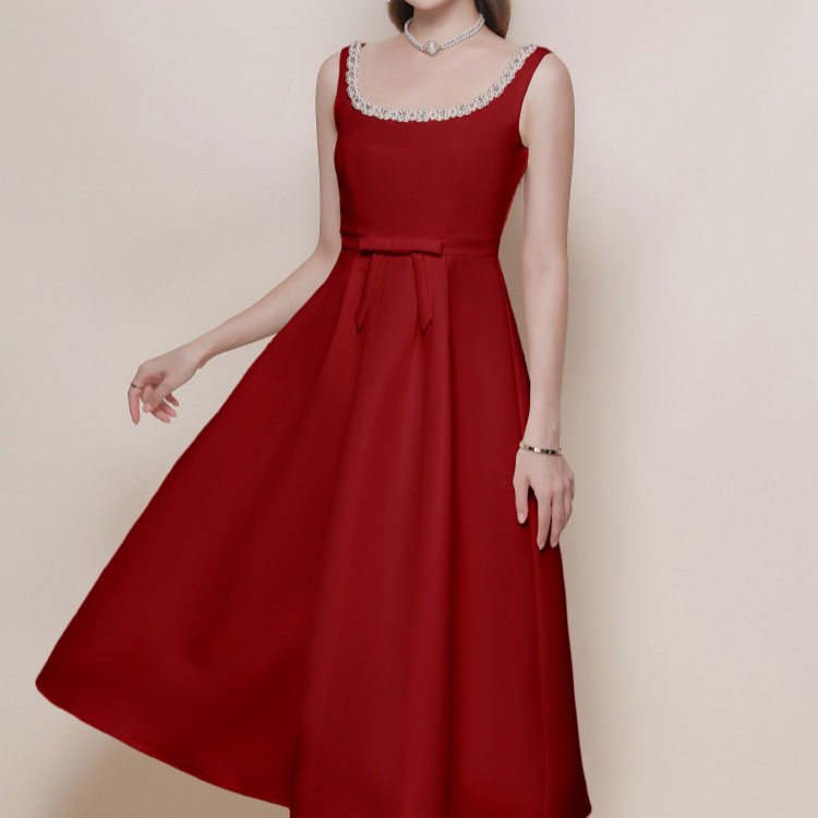 Elegant French Style Beaded Square Neck Sleeveless Dress High End Fit and Flare Waist Defining Slimming Perfect for