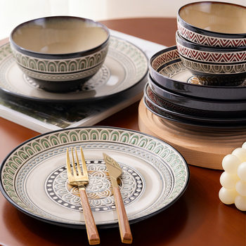 Yuquan Ceramic Factory Direct Sales Embossed European Style Household Ceramic Bowls and Plates Retro Ceramic Tableware Rice Bowls Soup Dishes