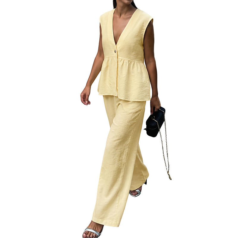 Sleeveless V Neck Vest and Pants Set Sweet Commuter Style Lightweight Linen Blend Wholesale Available