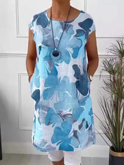 Floral Print Dress Loose Fit Round Neck Pocket Design Casual Wear for Women Wholesale Available