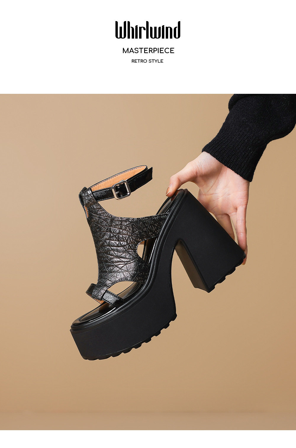 Sandal cao gót nữ da bò thật đế xuồng 12 cm mũi hở phong cách La Mã — [Đen], [Vàng nhạt], [Bạc] chi tiết 11