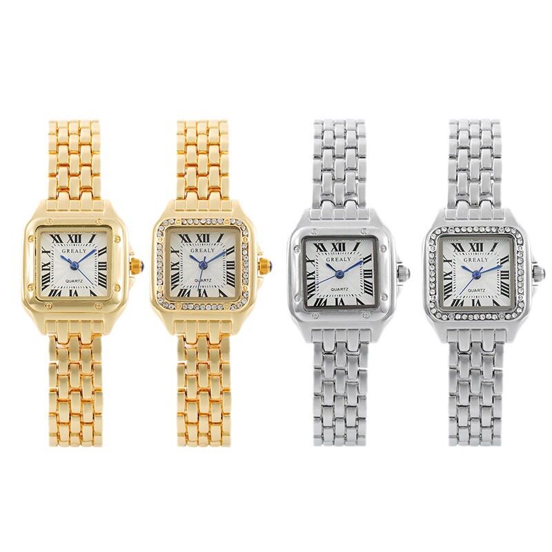 抖音跨境爆款方形手表气质时尚钢带镶钻女士手表罗马数字石英腕表