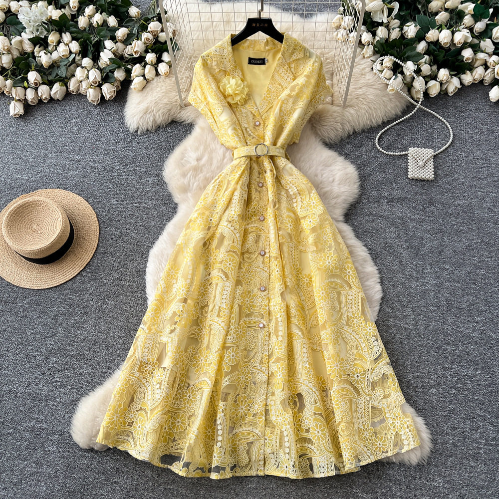 French Lace Floral Hollow Out Maxi Dress High Waist Slim Fit Elegant Style Perfect for Formal Occasions Wholesale