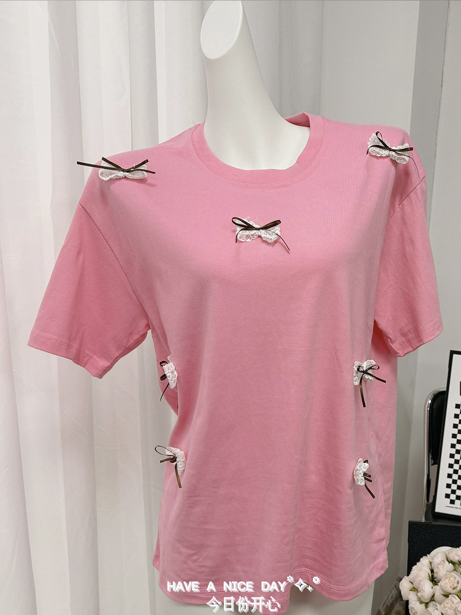 Womens Short Sleeve T Shirt Sweet Bow Design Loose Fit Round Neck Cotton Fabric Spring Summer Casual Wear