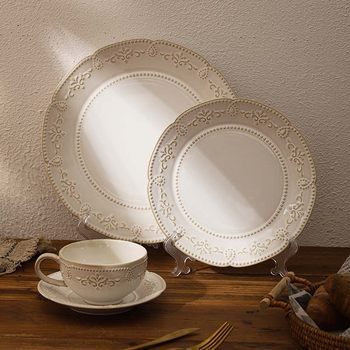 European-style embossed ceramic plate vintage court kiln lace plate household Western plate breakfast plate coffee cup suit