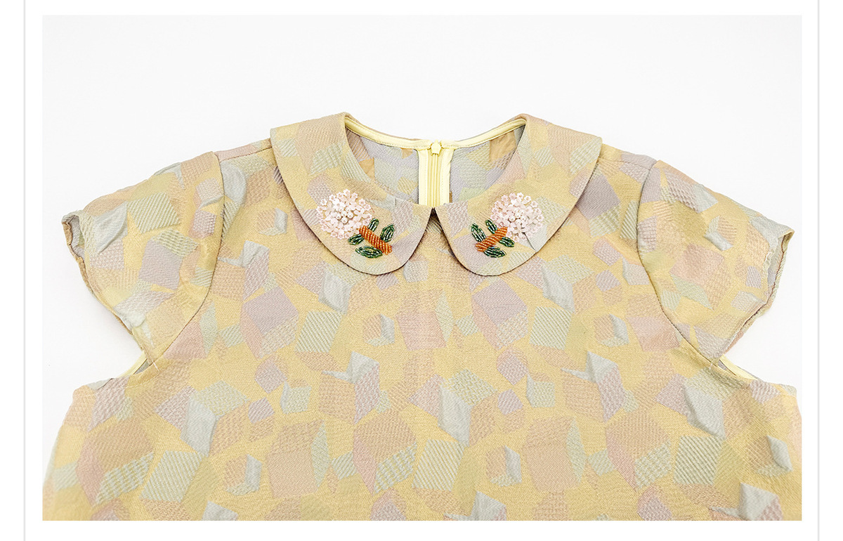 Đầm liền họa tiết jacquard cổ búp bê tay ngắn dáng chữ A — Phô mai vàng (giao hàng trong 7 ngày), Phô mai vàng (giao hàng trong ngày)