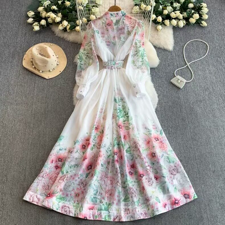 French Vacation Style Sweet Lace Trim Long Sleeve Dress for Women Tie Waist Elegant Flared Skirt Spring and Autumn Wear