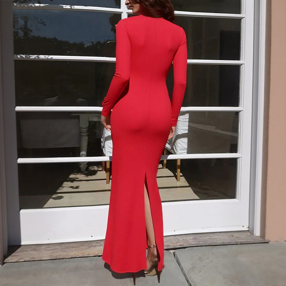 Red V Neck Lace Panel Long Sleeve Bodycon Mermaid Dress Elegant Sexy Slim Fit Perfect for Evening Events Wholesale