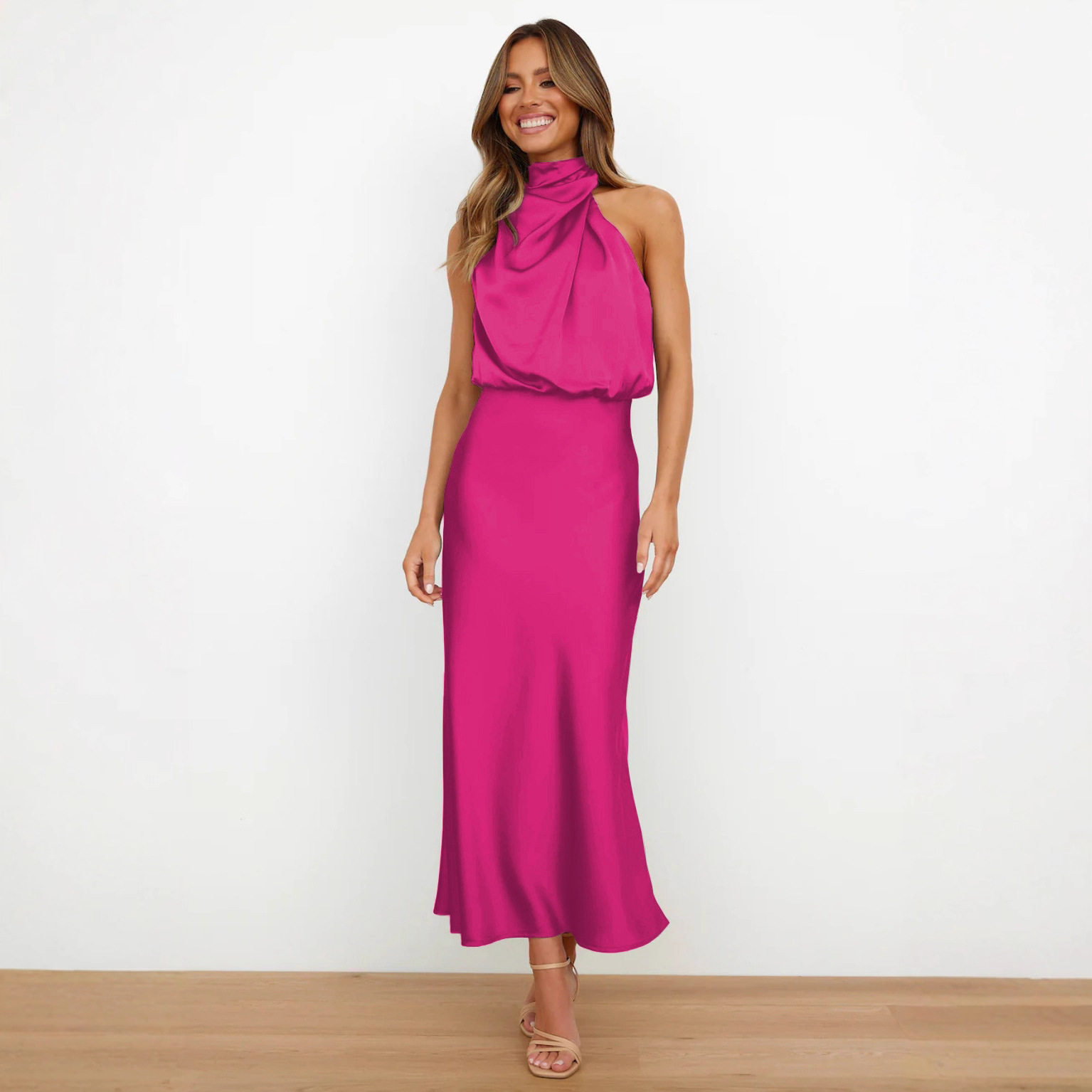 2026春夏热卖醋酸缎面连衣裙欧美敬酒伴娘服优雅名媛无袖晚礼服女