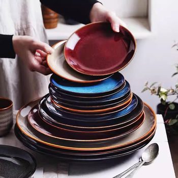 Cross-Border Retro Creative Kiln-Turned Ceramic Salad Plate Round Shallow Plate Flat Plate Hotel Restaurant Western Steak Plate Home
