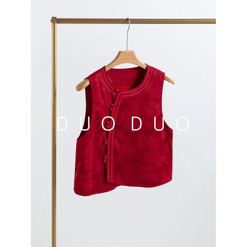 Shopkeeper Push New Chinese New Year Jacquard Vintage Buckle Vest Autumn and Winter 2024 Top New Red Chinese Style