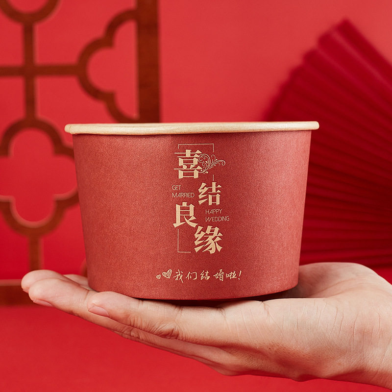 Wedding Bowl Thickened Red Round Paper Bowl Wedding Banquet Supplies Disposable Tableware Set Available for Wholesale