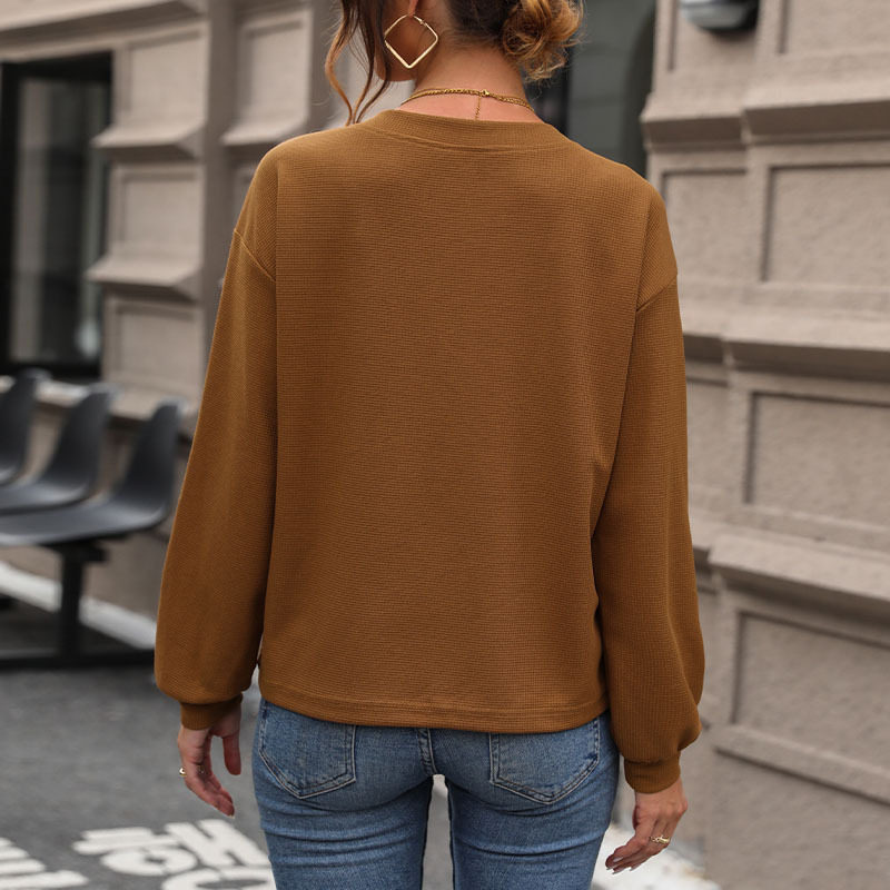 Womens Long Sleeve V Neck T Shirt Waffle Knit Fabric Autumn Fashion Wholesale Available bulk order