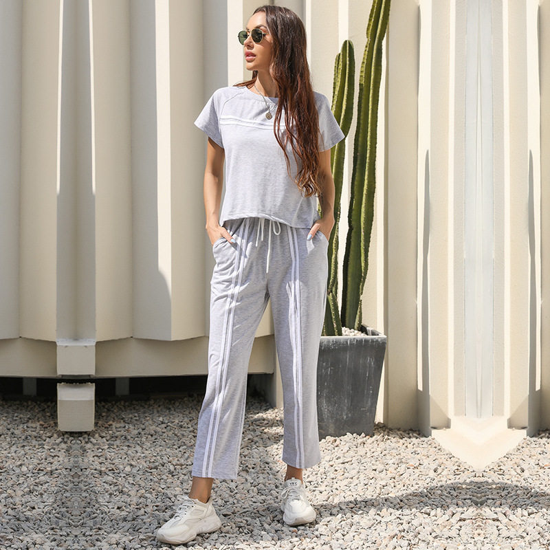 Two Piece Striped Casual Set Short Sleeve Round Neck Trendy Design Perfect for Summer Outings Wholesale Available