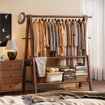 Solid Wood Clothes Hanger Bedroom Floor-Standing Clothes Hanger Household Clothes Storage Rack Indoor Clothes Drying Rack Wooden Coat Rack