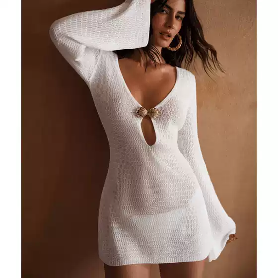 New Women's Crochet Shell Trim Knit Beach Cover-Up Bikini Wrap Cardigan Long Sleeve UV Protection