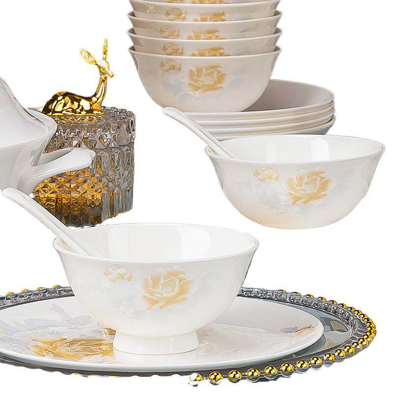 Jingdezhen Ceramic Rice Bowl for Home Use, High-Value Chinese-Style Simple Anti-Scalding Large Soup Bowl, Dish Plate, Fish Plate, Bone China Tableware