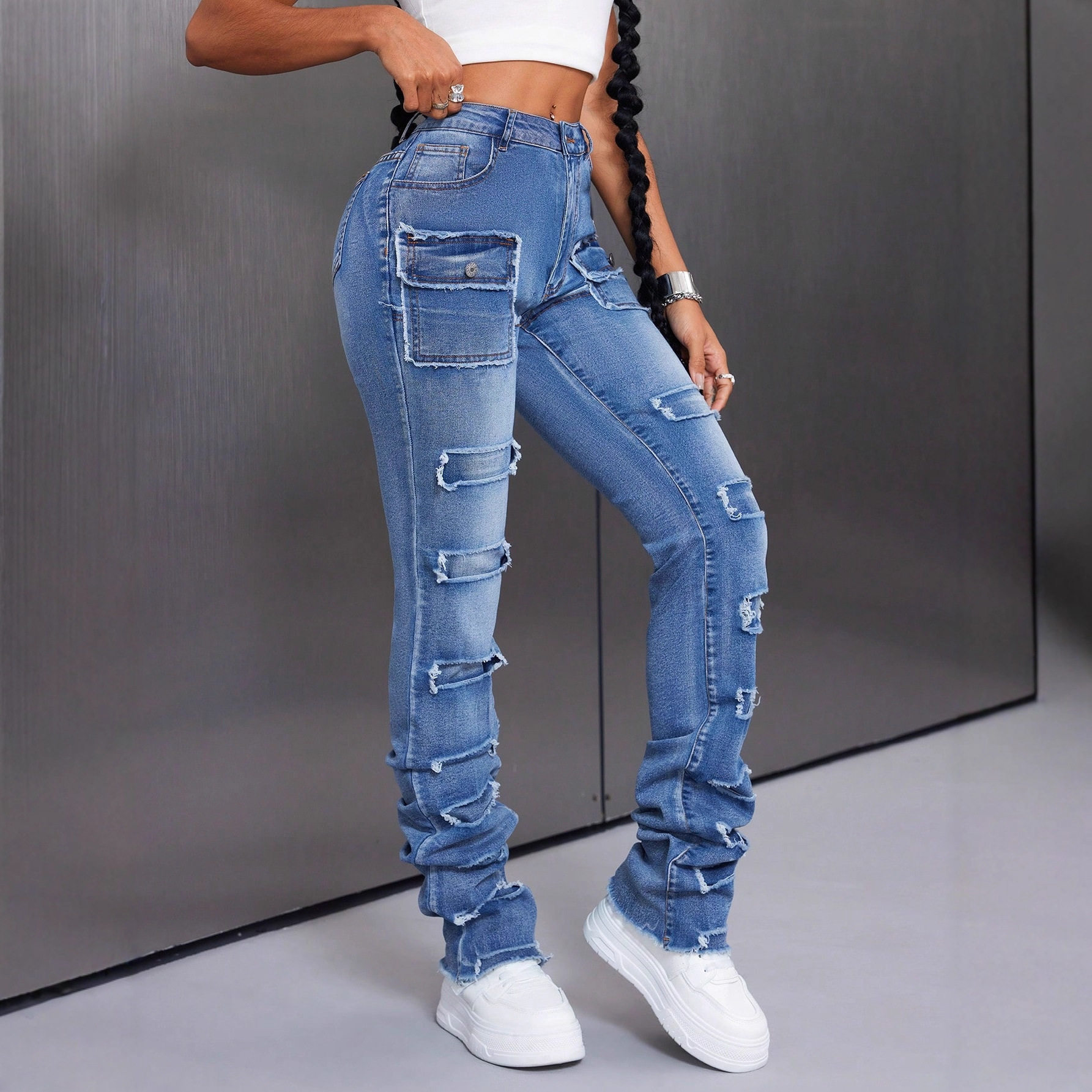 Womens Casual Stretch Denim Cargo Pants Versatile Fit Comfortable Fabric Stylish Design Perfect for Everyday Wear