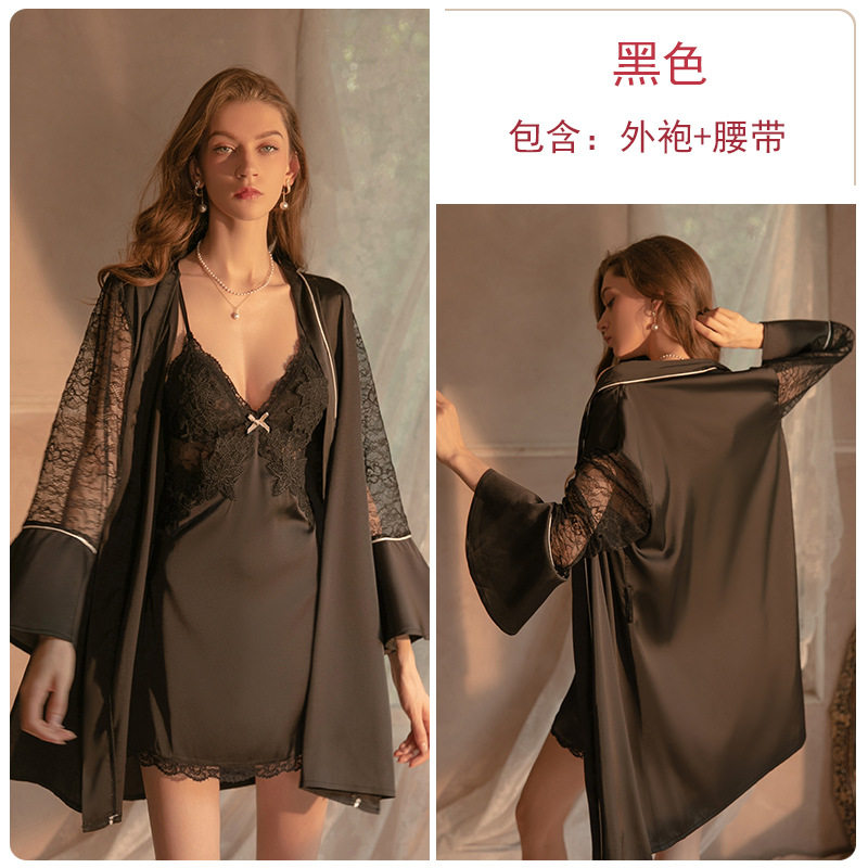 瑰若品牌秋季缎面胸垫吊带睡裙女性感深v系带睡袍家居服套装1170