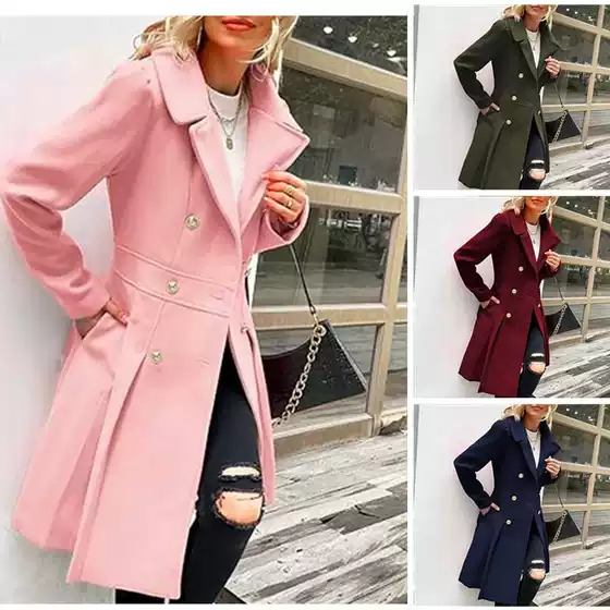Sweet Girl Woolen Coat Sweet Girl Waist Suit Collar Long Woolen Coat Autumn and Winter Design