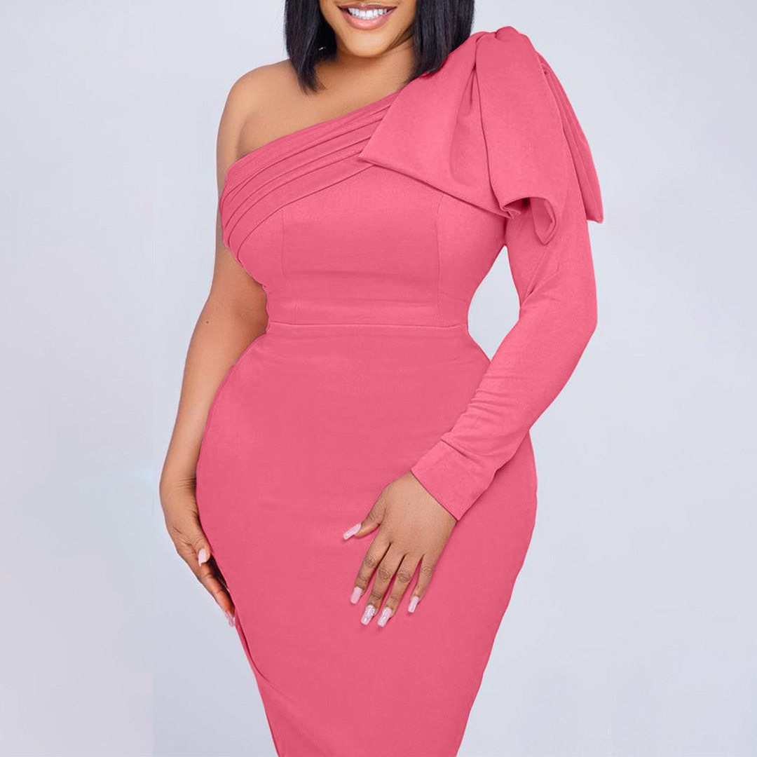 Plus Size Womens Dress Asymmetrical Neckline Solid Color Fashionable Bodycon Style Perfect for Parties or Events