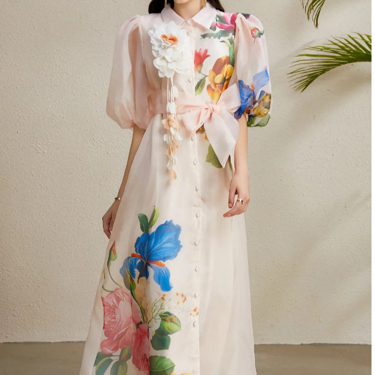 French Elegant Summer Dress Corset Waist 3D Floral Design Lantern Sleeves Printed Tulle Perfect for Garden Parties