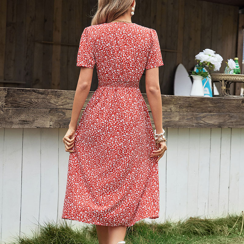 Vintage Floral Split Maxi Dress Sweet V Neck Summer Style Comfortable Fit Wholesale Available