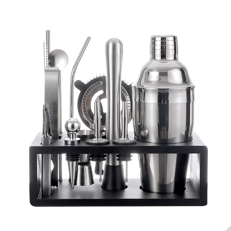 Cross-border explosions wooden frame bartender set stainless steel 550ml shake cocktail bar tools full set of 13 pieces