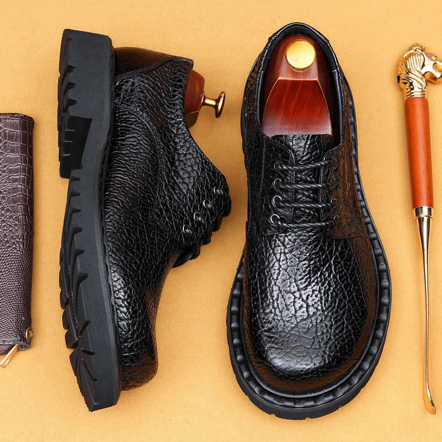 Giày Da Nam Chất Liệu Da Bò Vân Da Cá Sấu Thoáng Khí Dùng Trong Lễ Cưới