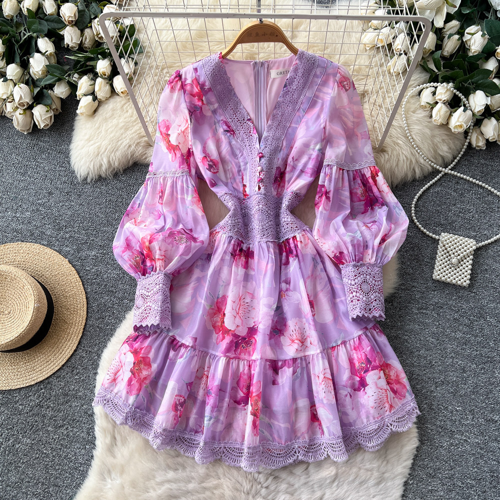 Floral Print Long Sleeve V Neck Dress Slim Fit Waist Defining Elegant A Line Perfect for Formal Events Wholesale