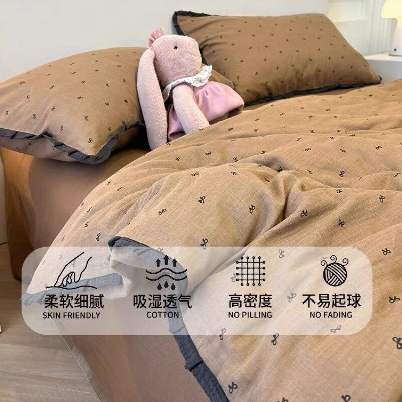 Class a French Bedding Pure Washed Cotton Four-Piece Set Double-Layer Yarn Dormitory Full Classy Quilt Cover Bed Sheetss and Fitted Bed Sheetss