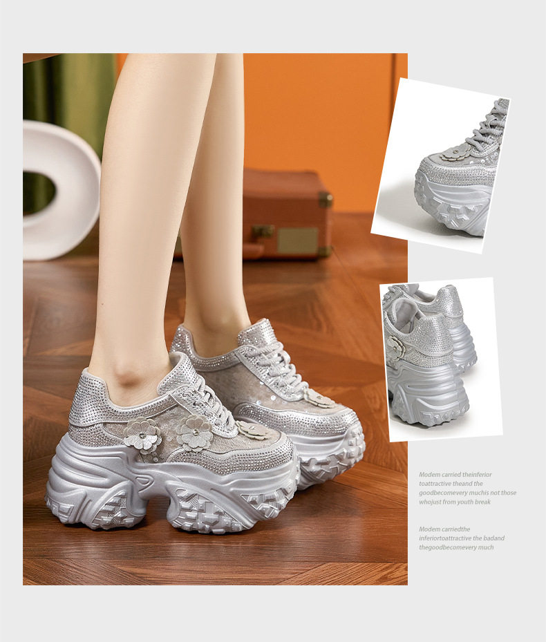 Sandal cao gót nữ đính đá rhinestone mũi tròn quai ngang gót siêu cao 8 cm — Trắng, Bạc, Đen chi tiết 3