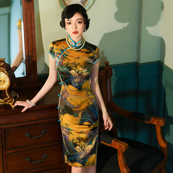 Spring and Summer new cheongsam dress Chinese fashion slim mid-length cheongsam retro stand collar improved Tang suit cheongsam