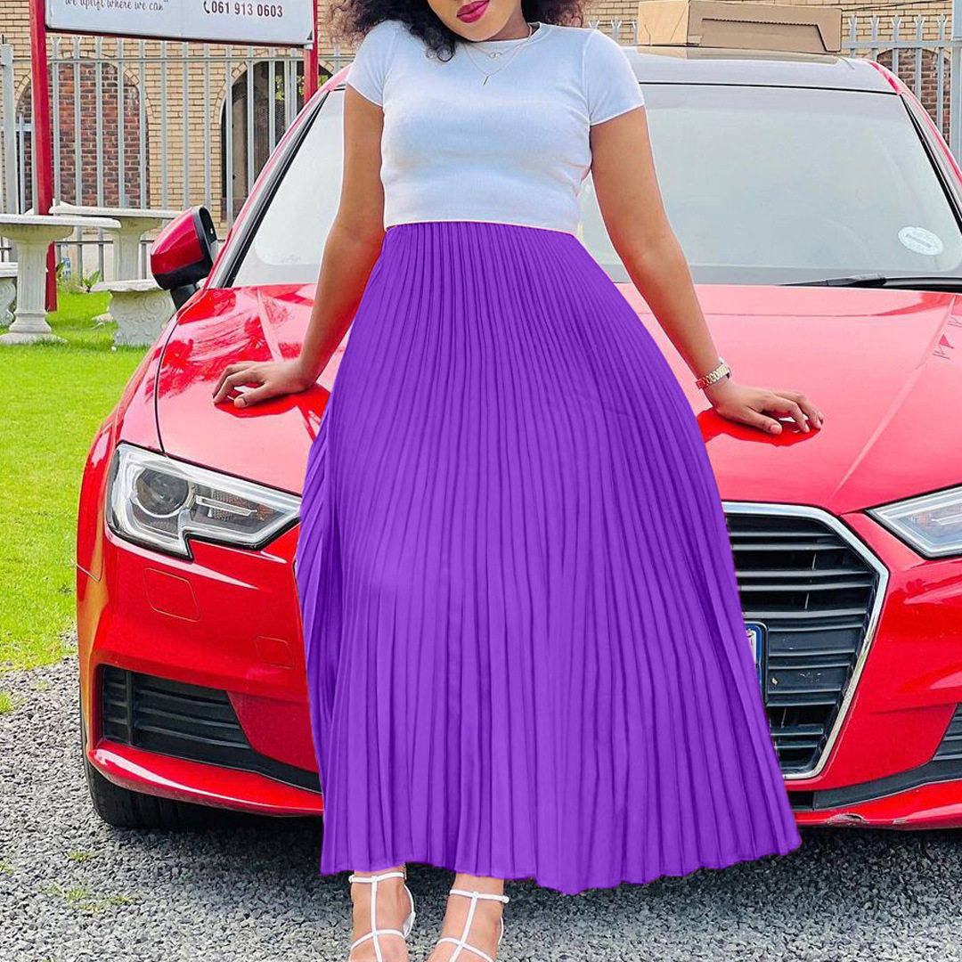 Plus Size Womens Long Pleated Skirt Solid Color High Waist Flared Design Autumn Fashion for Casual Wear Wholesale