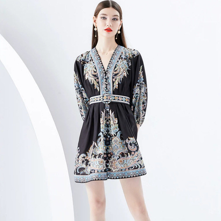 French Style Floral Dress V Neck Puff Sleeves Waist Cinching Design Elegant Occasion Wear for Women Wholesale