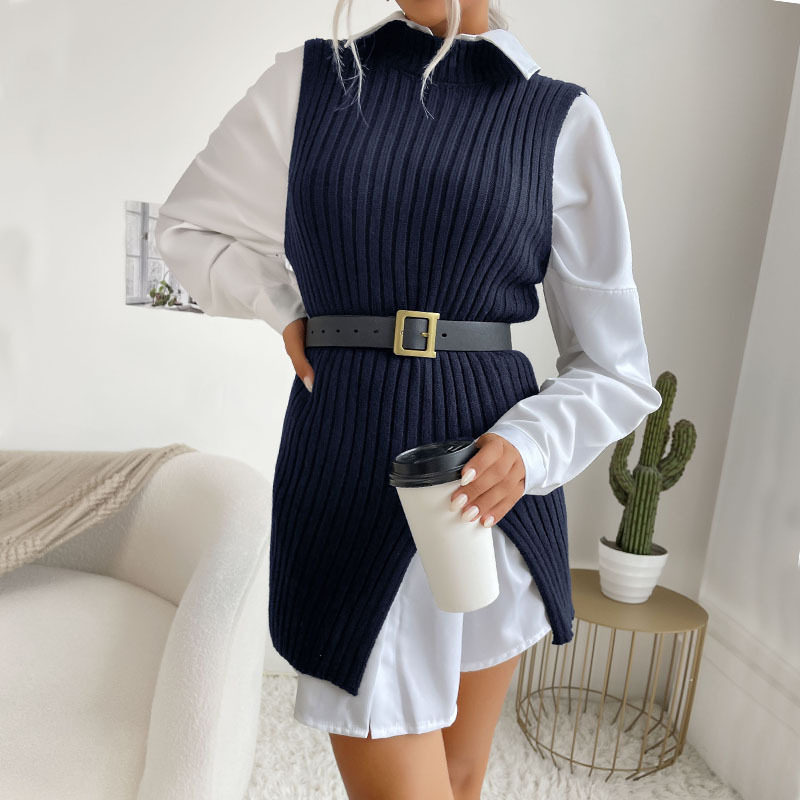 Sleeveless Long Knit Vest Solid Color Side Slit Autumn Fashion Womens Casual Wear Wholesale Available
