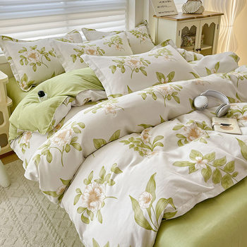 New Thickeneded Brushed Four-piece Set with Printed Small Fresh Student Dormitory Simple Washed Cotton Bed Bed Sheets and Quilt Cover Three-piece Set