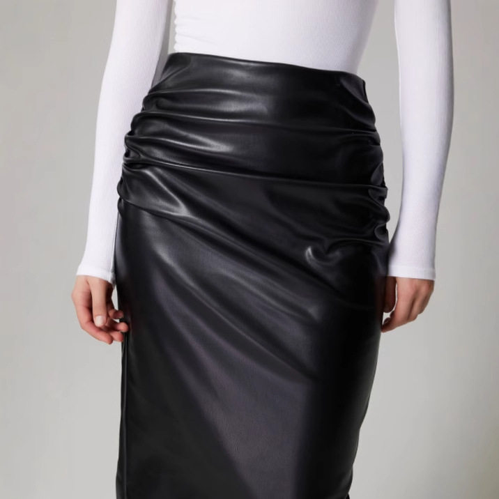 PU Bodycon Skirt High Slit Ruched Design Elegant Style Perfect for Parties and Night Out Ready to Ship